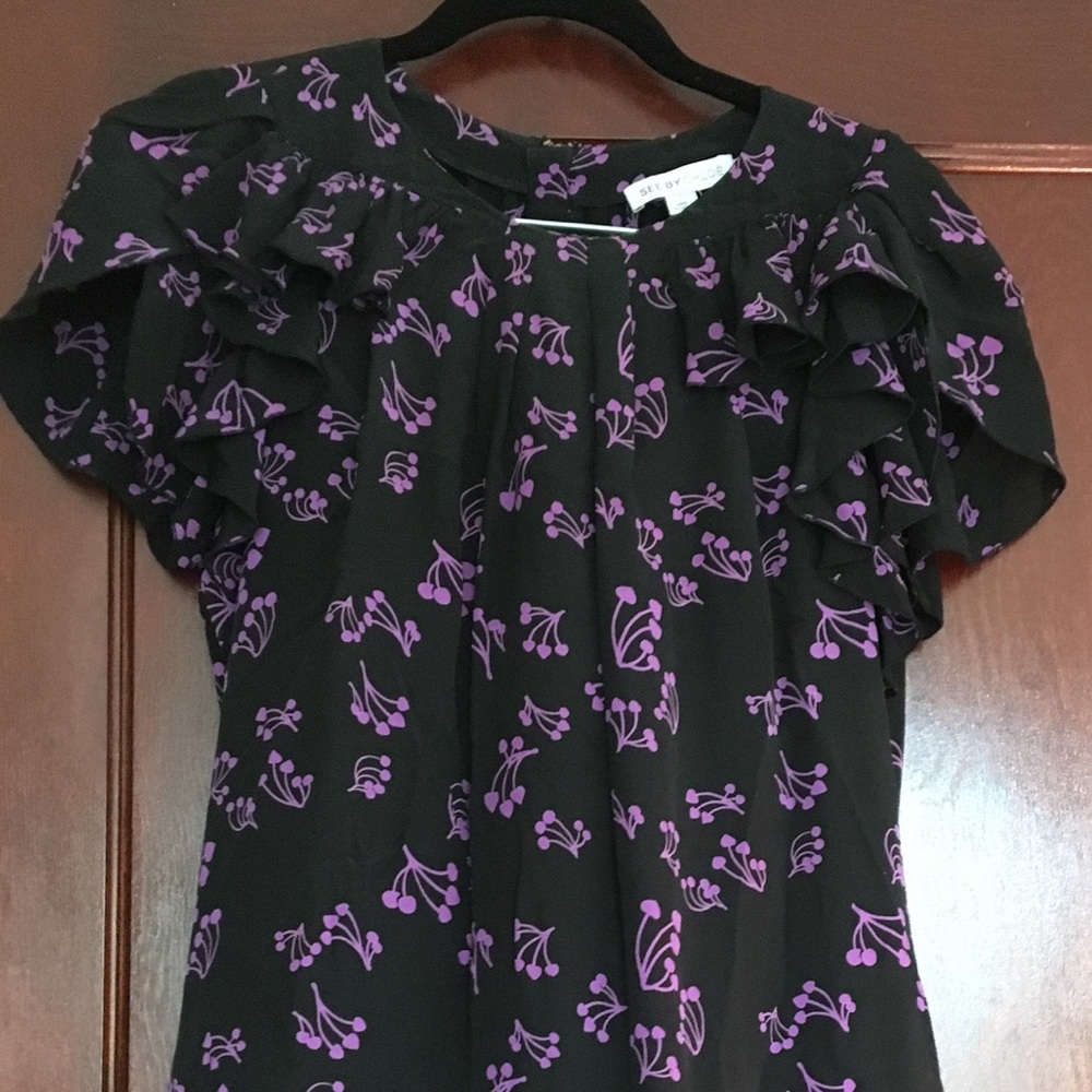 See by Chloe Black Silk Short Sleeve Mini Dress